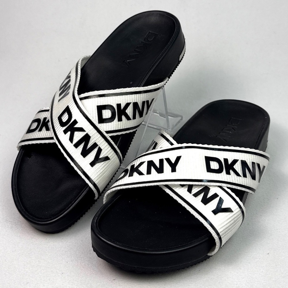 DKNY Irma Womens Black White Logo Crisscross Slide Sandals Size 6.5M CYS-2410